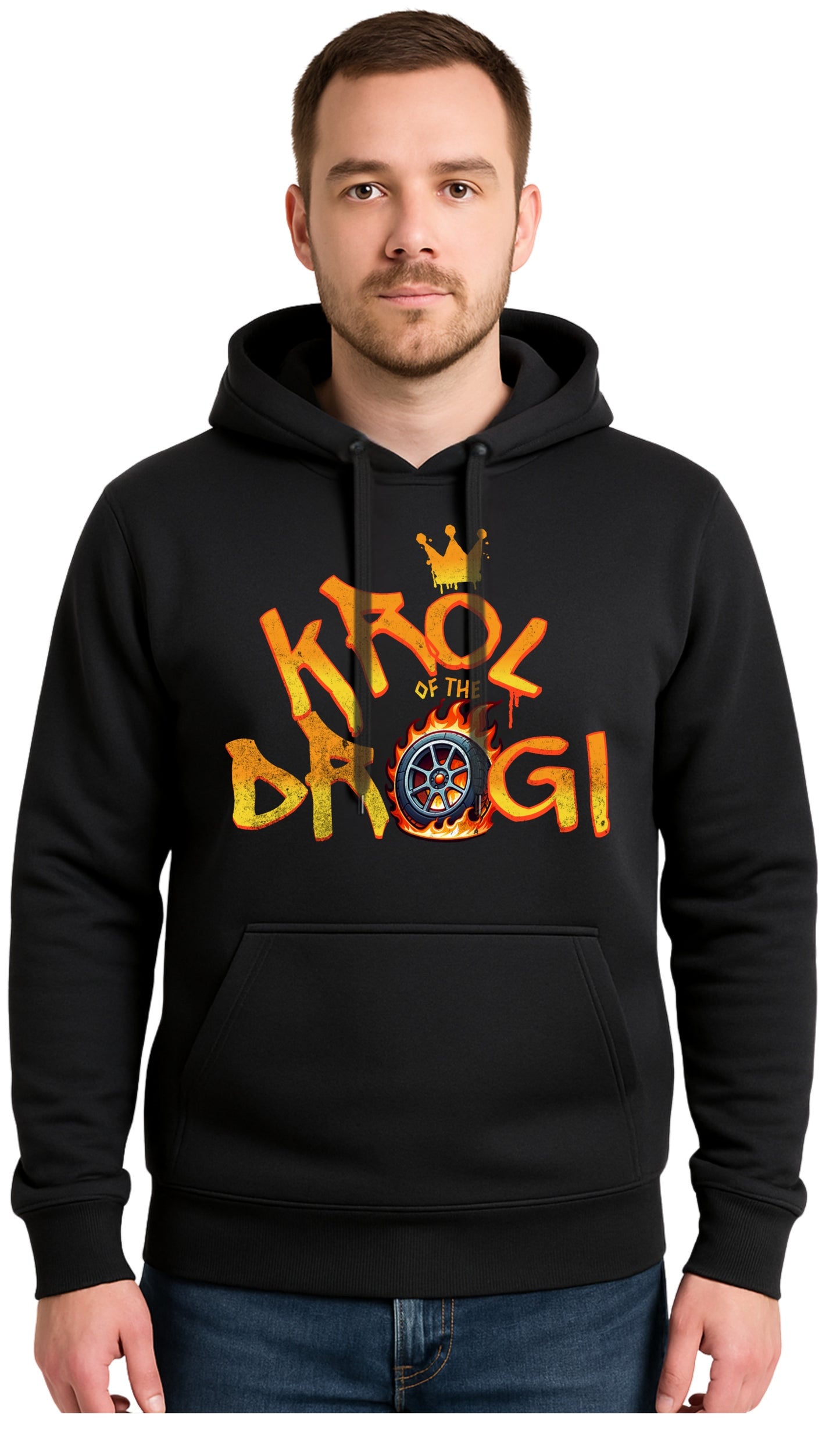 KRÓL DROGI Czarna Męska Bluza Dresowa z kapturem z Nadrukiem