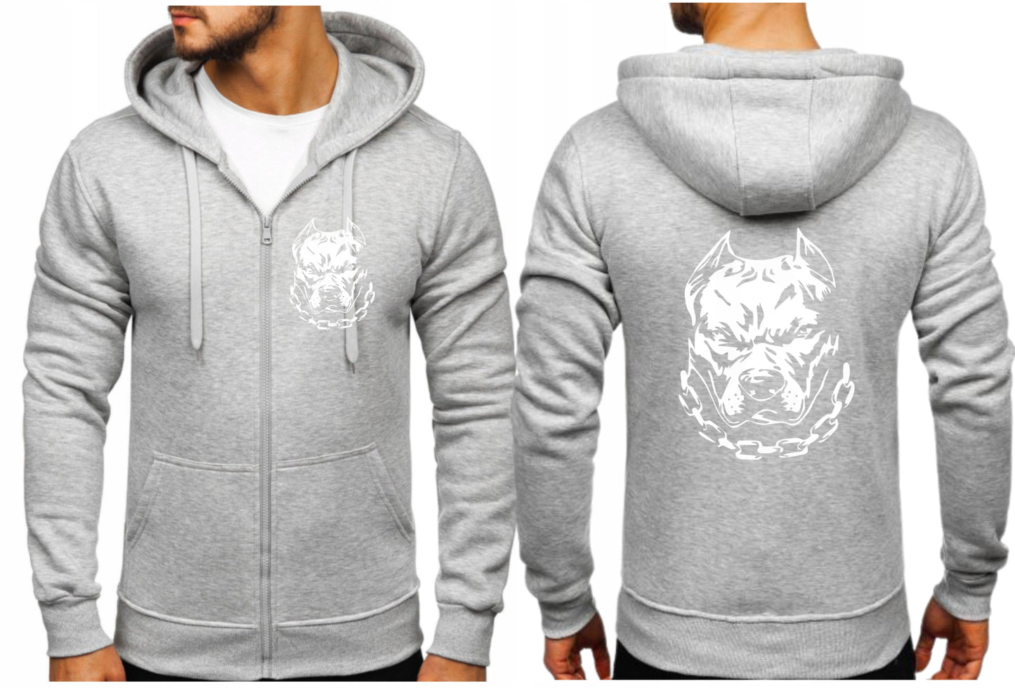 4HIM TWARZ PITBULL CHAIN ROZPINANA BLUZA Z KAPTUREM NADRUK TYŁ SZARY