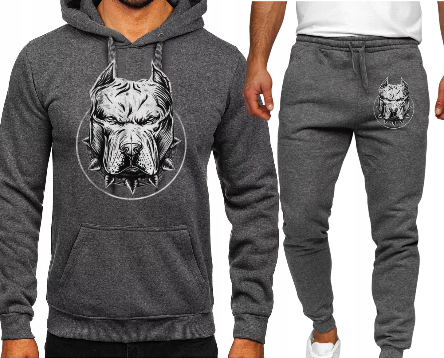 BUZIA PITBULL WHITE MESKI KOMPLET DRESOWY BLUZA KAPTUREM+SPODNIE SZARY