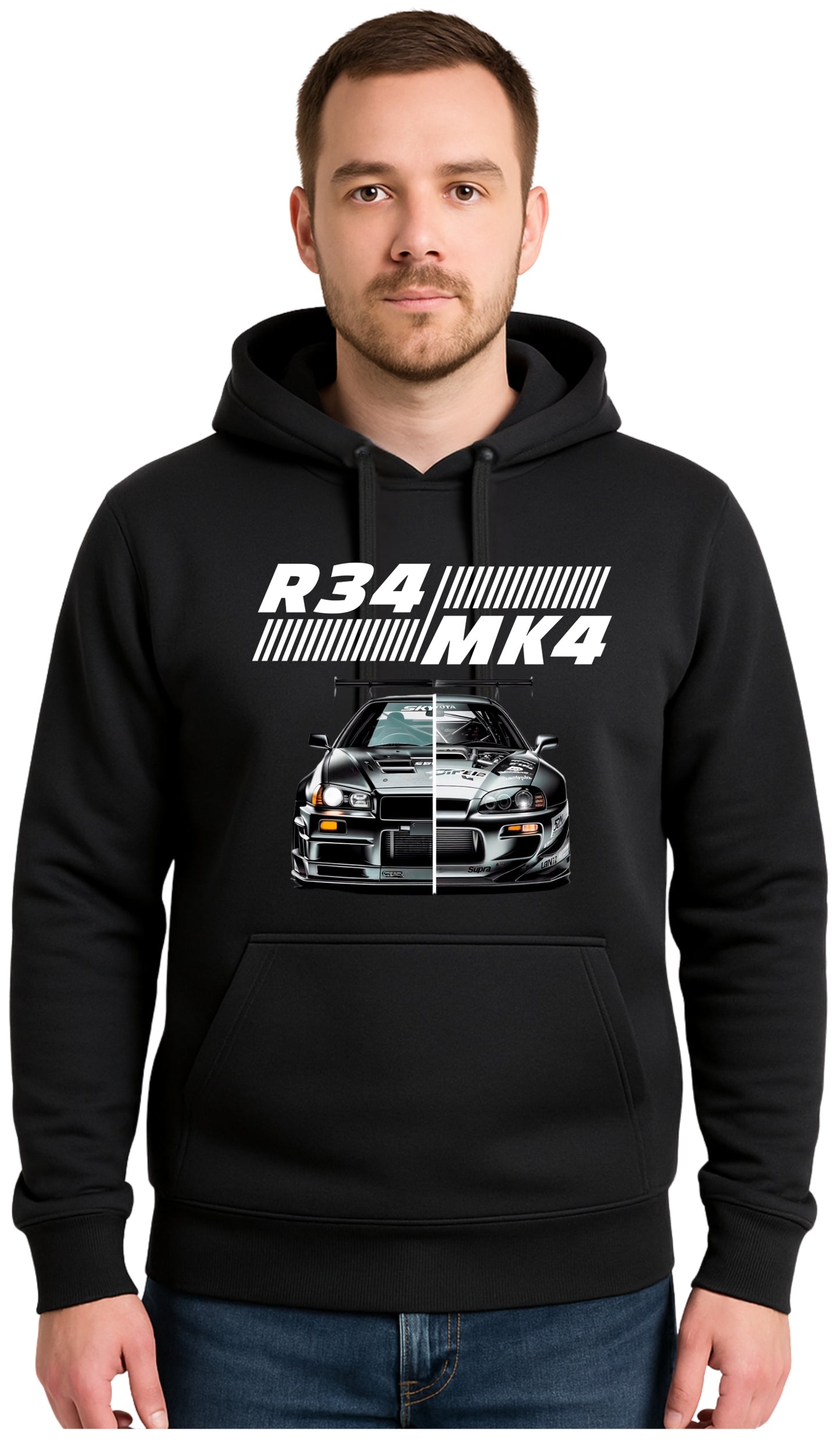 TOYOTA SKYLINE MK4 R34 Czarna Męska Bluza Dresowa z kapturem Nadrukiem