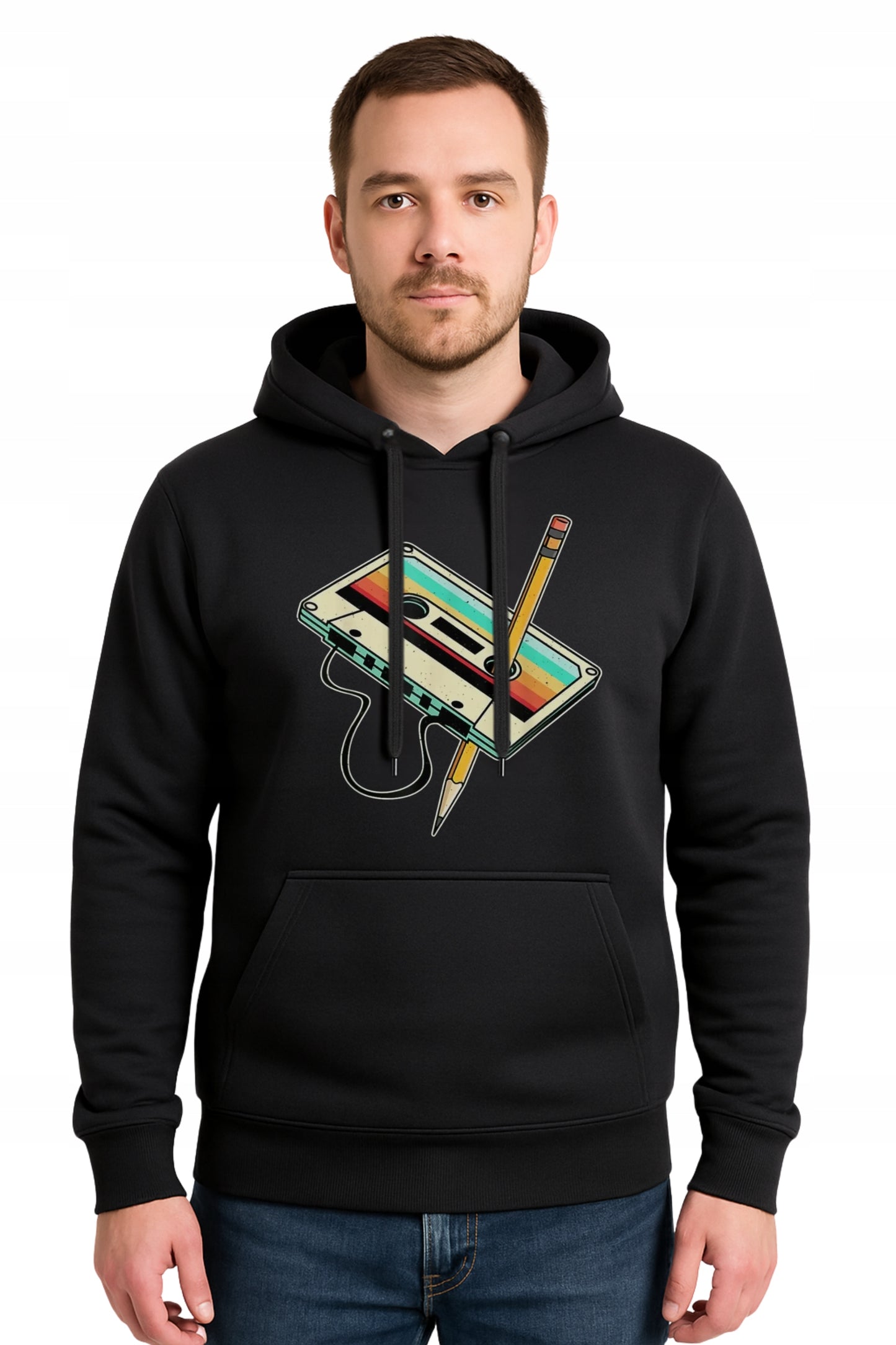 Kaseta Magnetofonowa Retro Męska Bluza Dresowa z kapturem z Nadrukiem