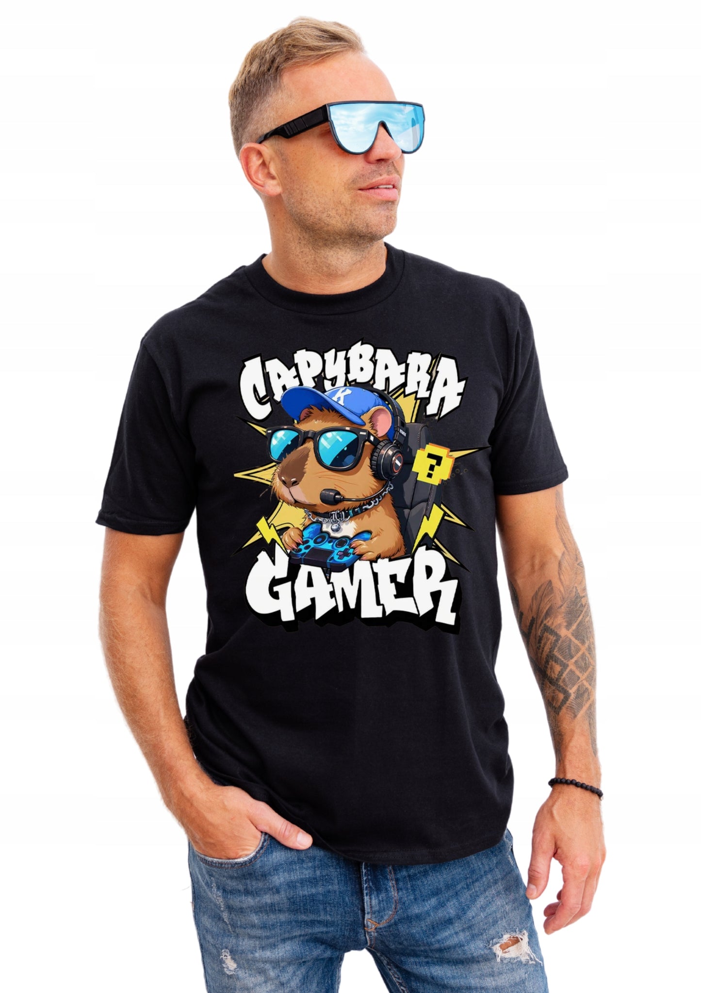 CAPYBARA GAMER CAPIBARA męska Koszulka T-Shirt z nadrukiem Bawełniana