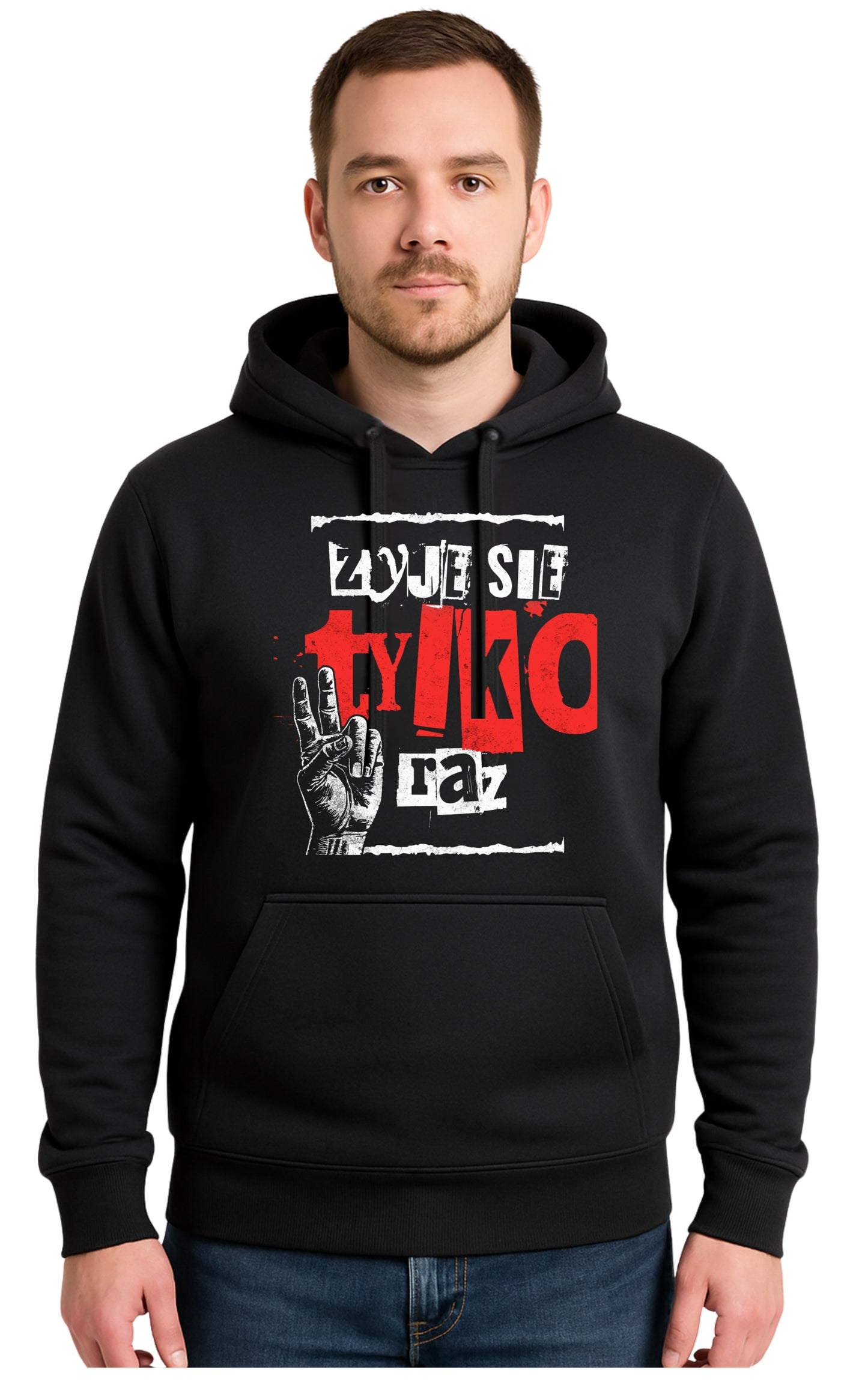 ZYJE SIE TYLKO RAZ Czarna Męska Bluza Dresowa z kapturem z Nadrukiem