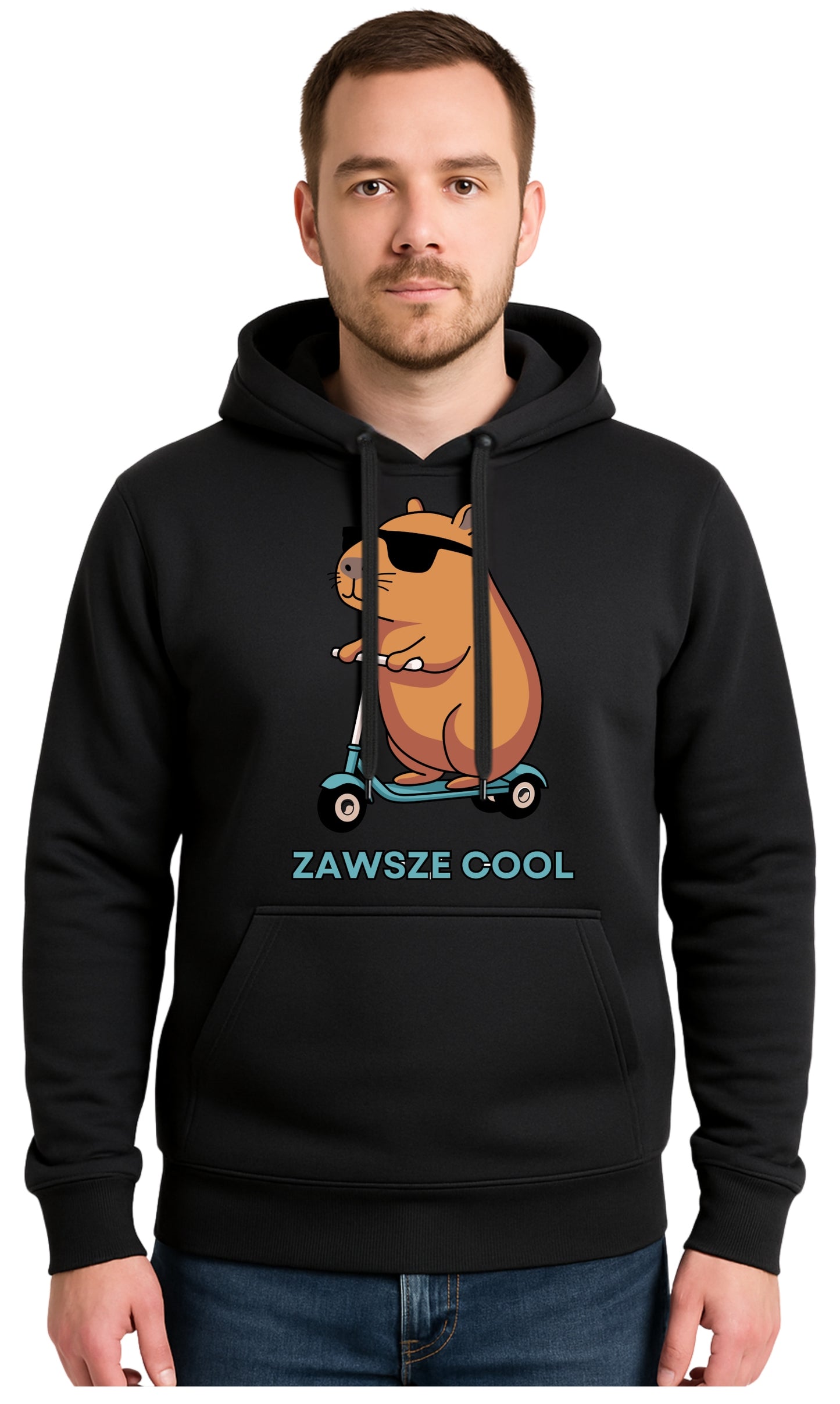CAPIBARA ZAWSZE COOL Czarna Męska Bluza Dresowa z kapturem z Nadrukiem