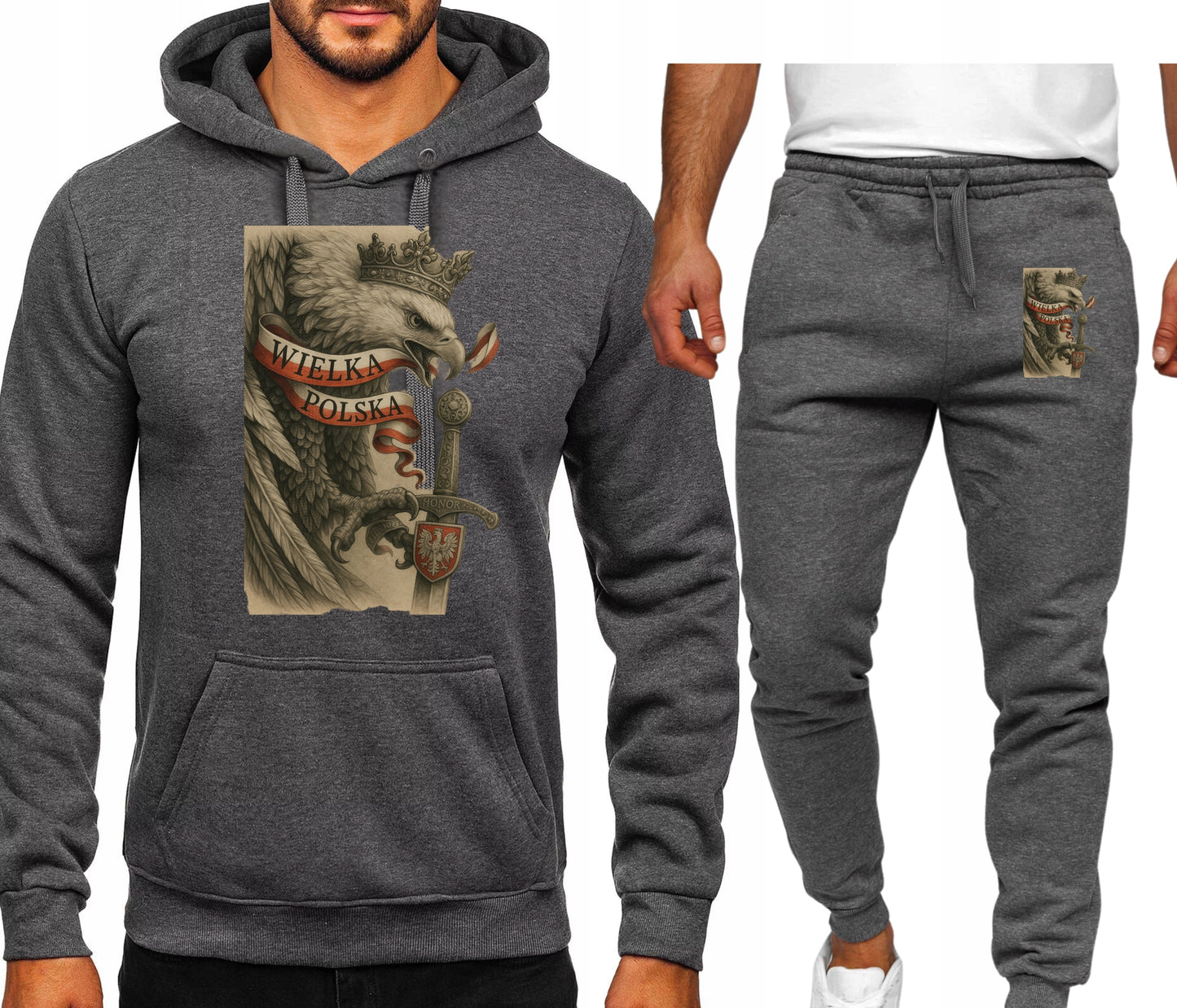 PTRIOTYCZNY WIELKA POLSKA KOMPLET DRESOWY BLUZA KAPTUREM+SPODNIE SZARY