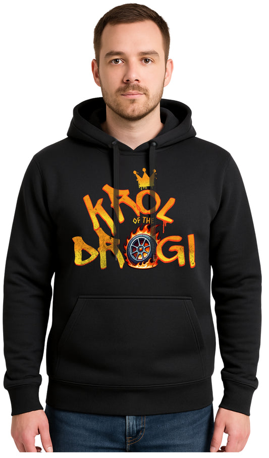 KRÓL DROGI Czarna Męska Bluza Dresowa z kapturem z Nadrukiem