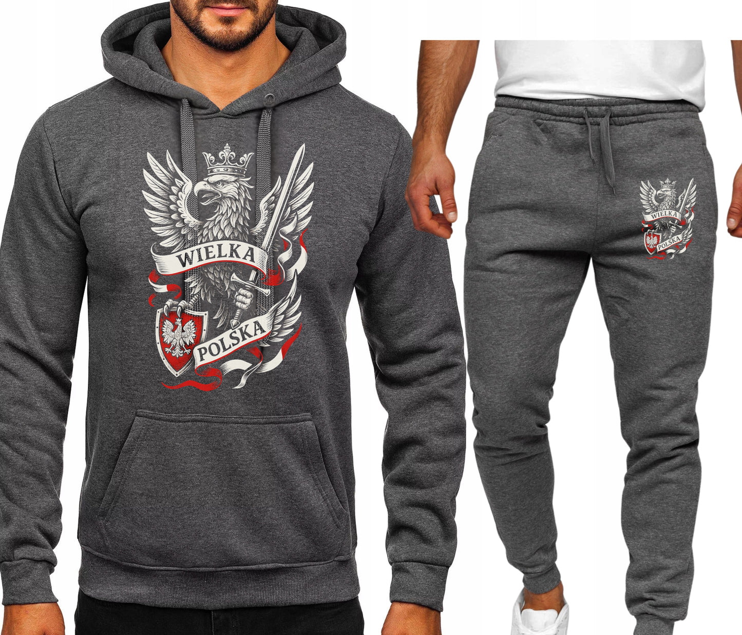 PATRIOTYCZNA WIELKA POLSKA KOMPLET DRESOWY BLUZA KAPTUREM+SPODNIE SZARY