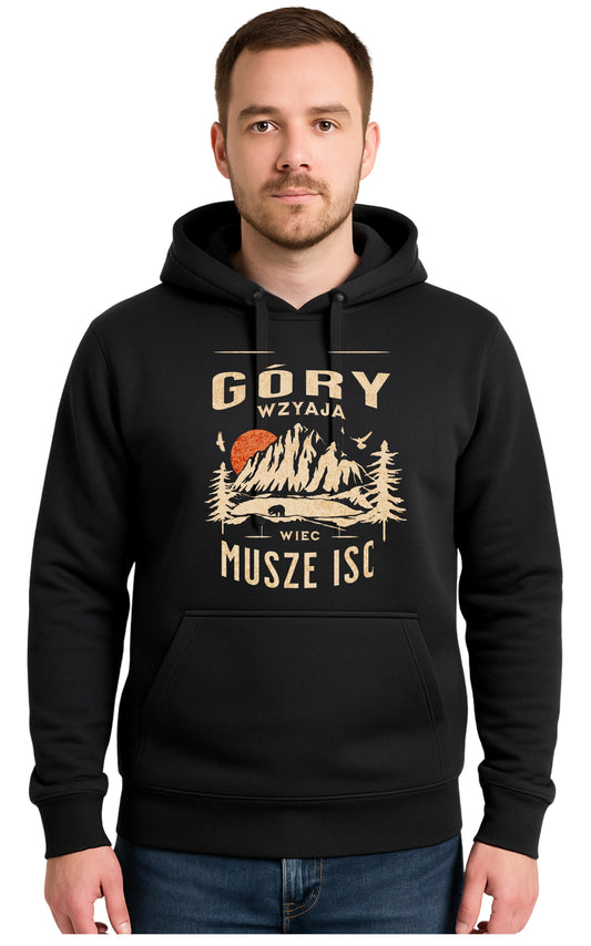 GÓRY WZYWAJA MUSZE ISC Czarna Męska Bluza Dresowa z kapturem Nadrukiem