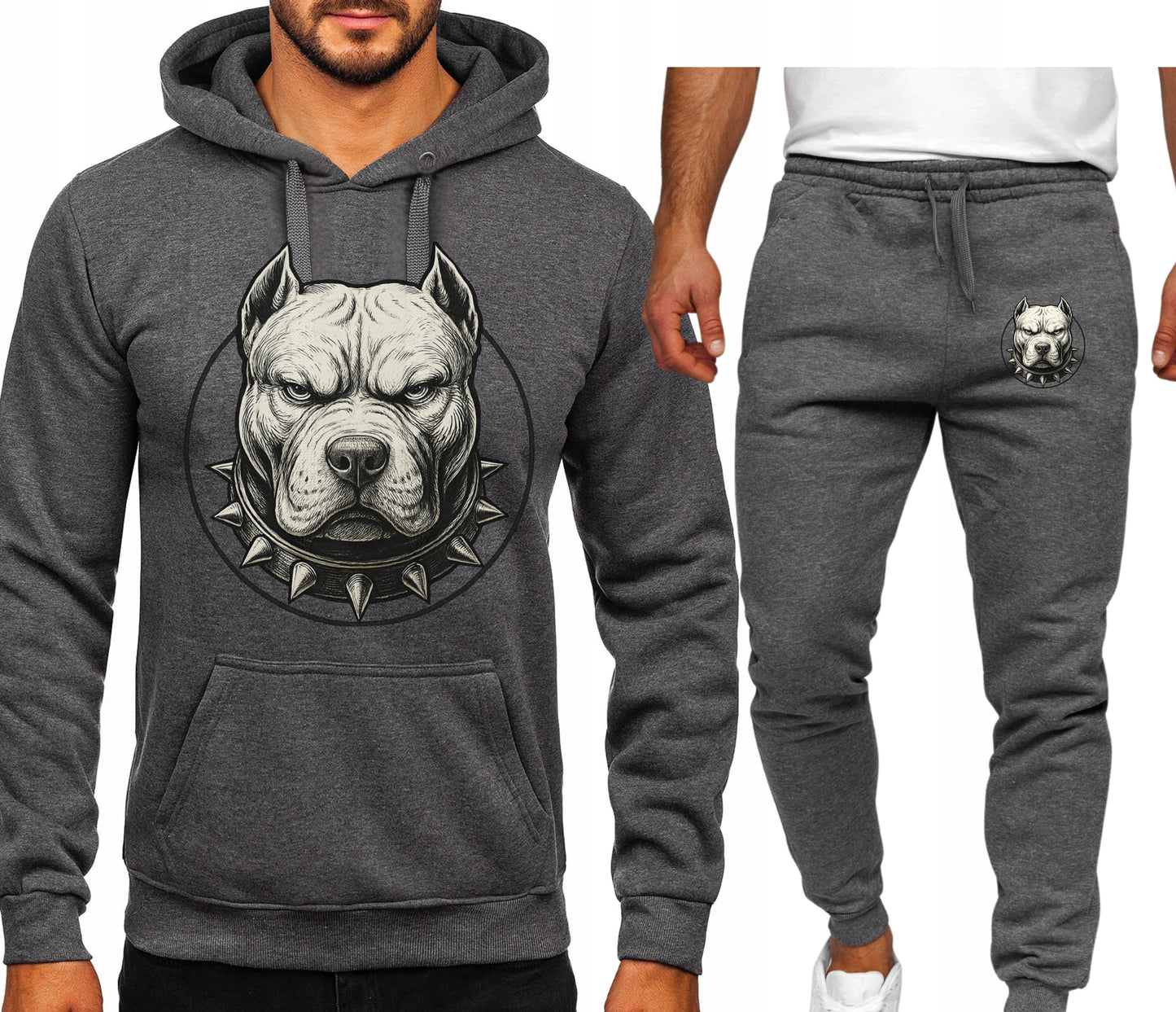 BUZIA PITBULLA WHITE MESKI KOMPLET DRESOWY BLUZA KAPTUREM+SPODNIE SZARY