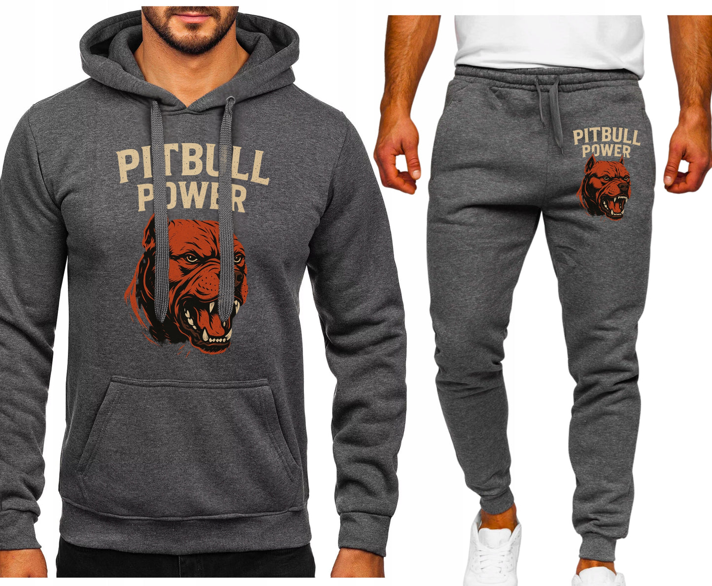 PITBULL POWER RED MESKI KOMPLET DRESOWY BLUZA KAPTUREM+SPODNIE SZARY