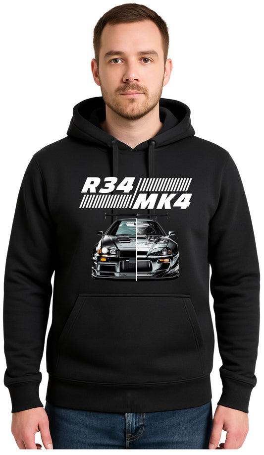 TOYOTA SKYLINE MK4 R34 Czarna Męska Bluza Dresowa z kapturem Nadrukiem