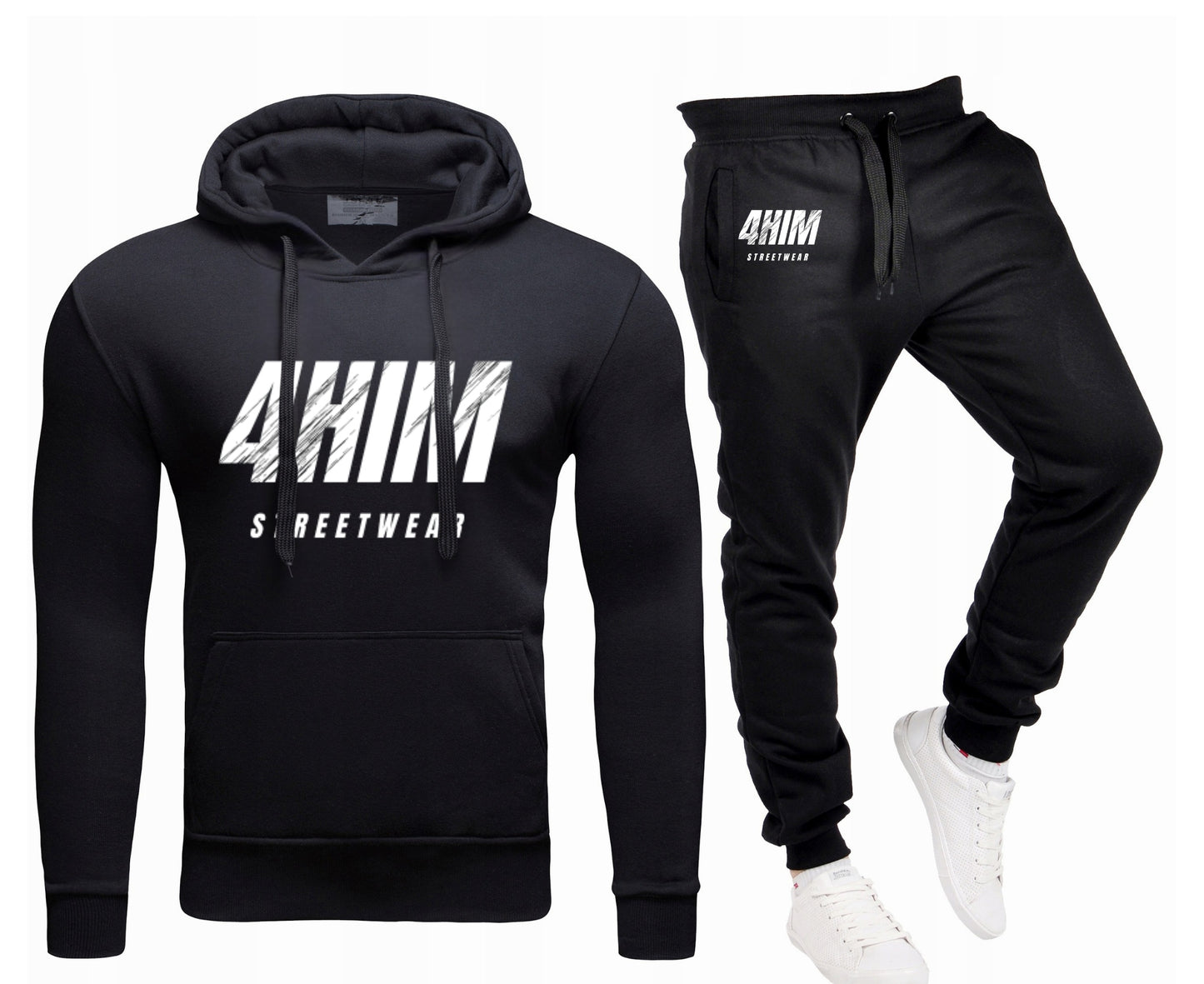 4HIM Czarny Męski Komplet Dresowy z nadrukiem Bluza z kapturem+Spodnie