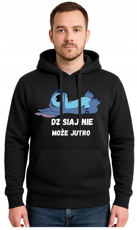 DZISIAJ NIE STICH Czarna Męska Bluza Dresowa z kapturem z Nadrukiem