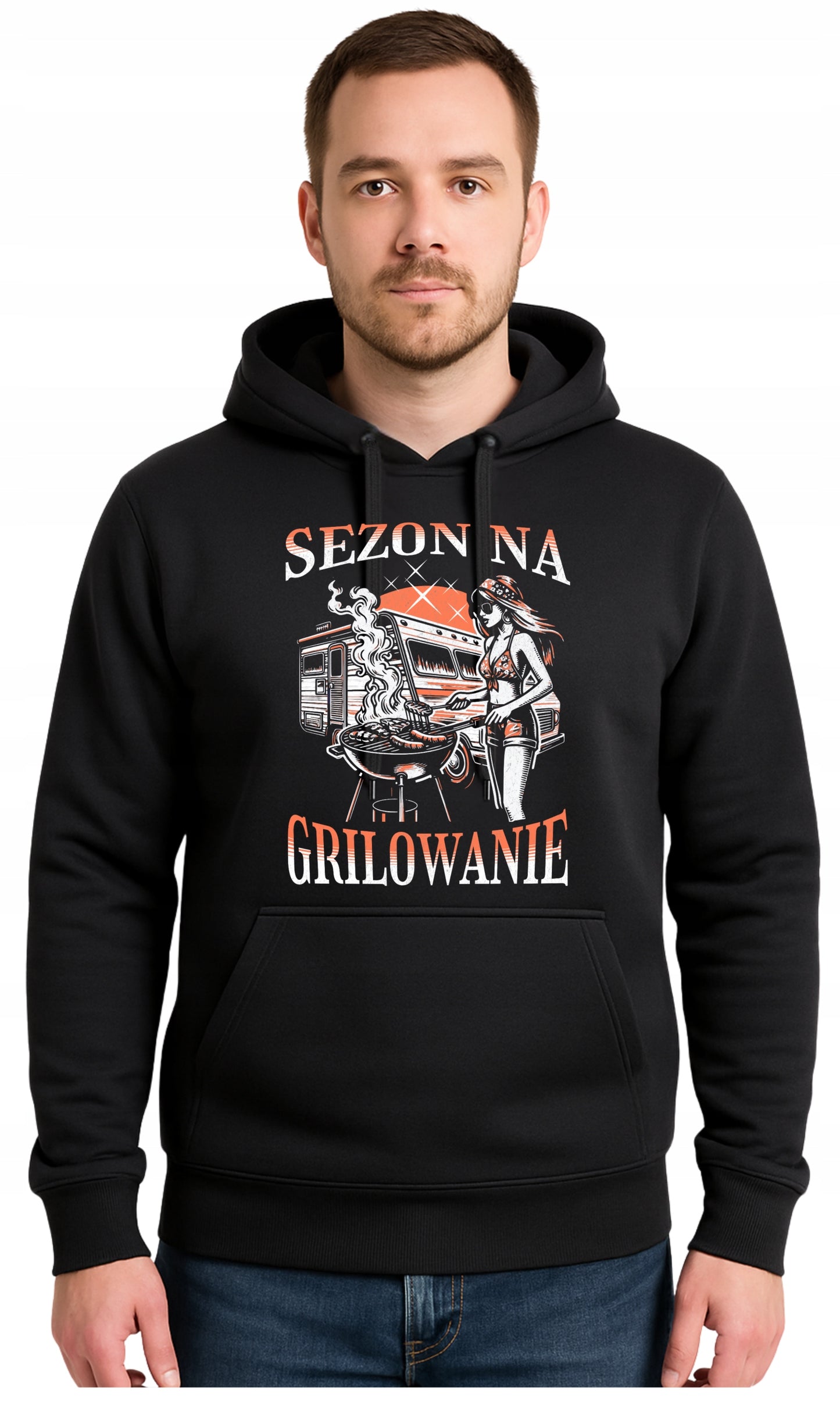 SEZON NA GRILOWANIE Czarna Męska Bluza Dresowa z kapturem z Nadrukiem