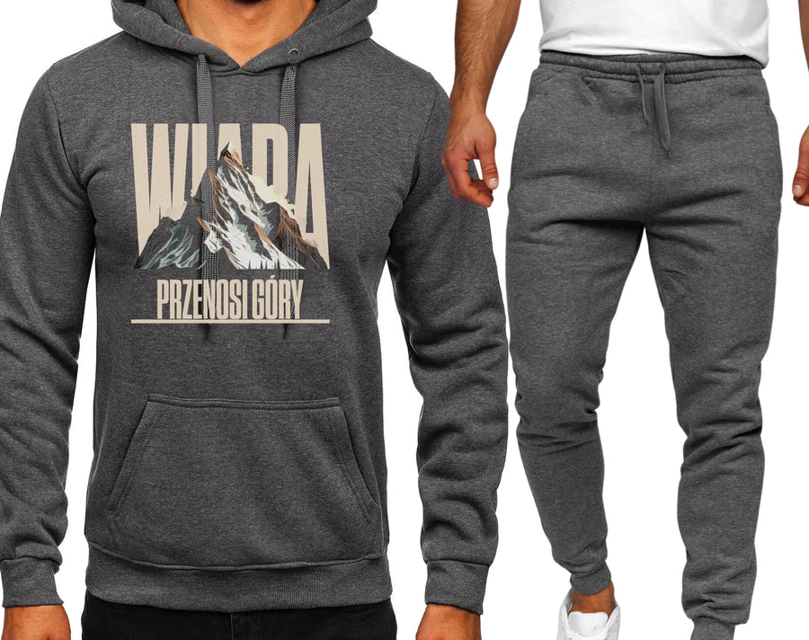 WIARA PRZENOSI GÓRY MESKI KOMPLET DRESOWY BLUZA KAPTUREM+SPODNIE SZARY