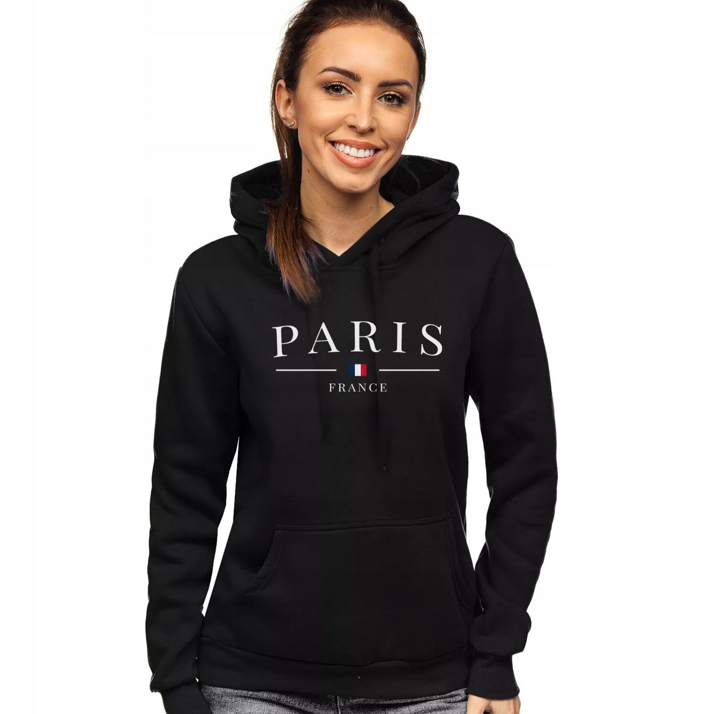 PARIS FRANCE CZARNA DAMSKA BLUZA Z KAPTUREM Z MODNYM NADRUKIEM