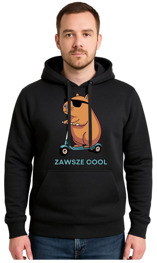 CAPIBARA ZAWSZE COOL Czarna Męska Bluza Dresowa z kapturem z Nadrukiem