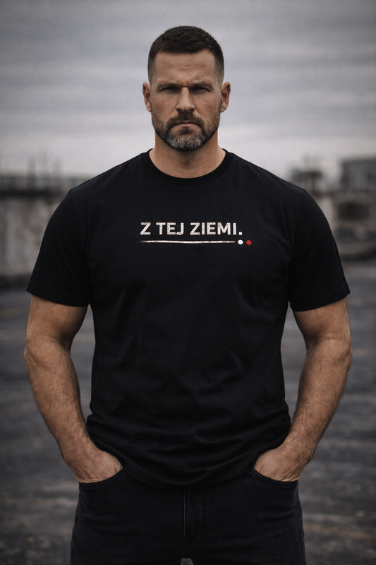 Koszulka męska z nadrukiem Z TEJ ZIEMI– czarna – minimalistyczna – polska marka