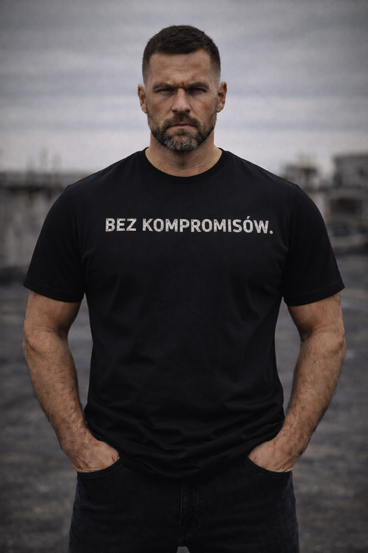 Koszulka męska z nadrukiem BEZ KOMPROMISÓW– czarna – minimalistyczna – polska marka