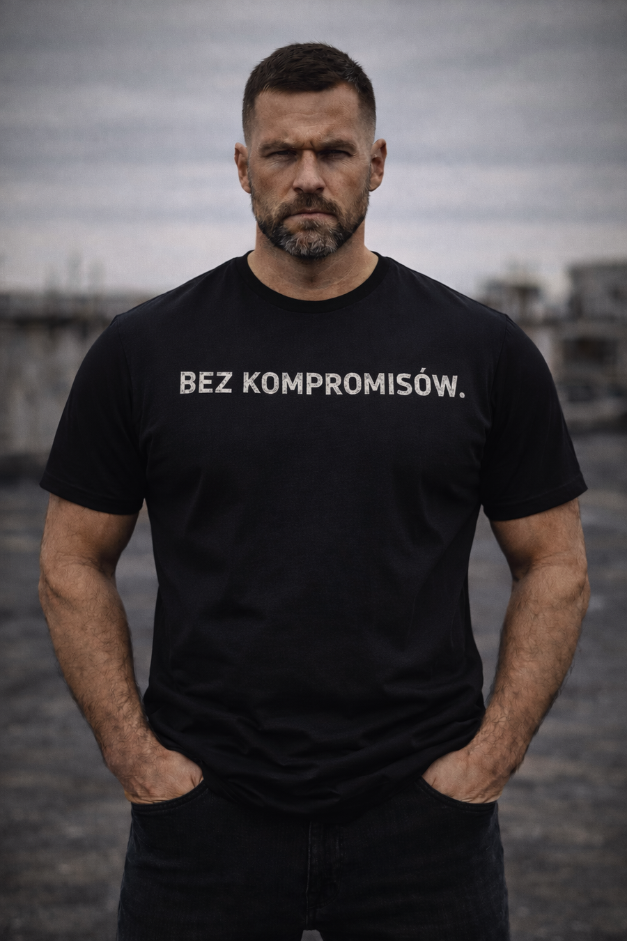 Koszulka męska z nadrukiem BEZ KOMPROMISÓW– czarna – minimalistyczna – polska marka