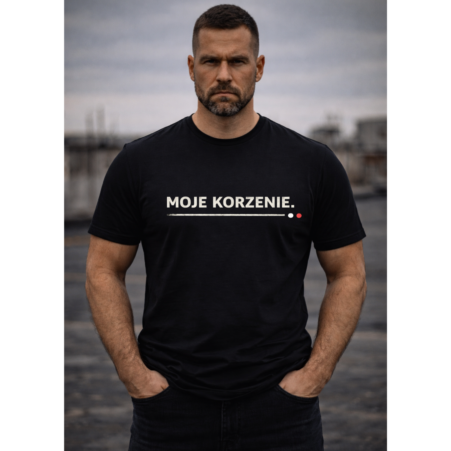 Koszulka męska z nadrukiem MOJE KORZENIE– czarna – minimalistyczna – polska marka