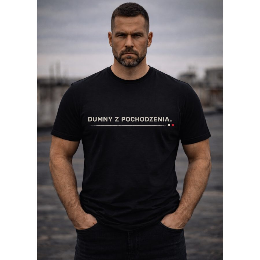 Koszulka męska z nadrukiem DUMNY Z POCHODZENIA– czarna – minimalistyczna – polska marka