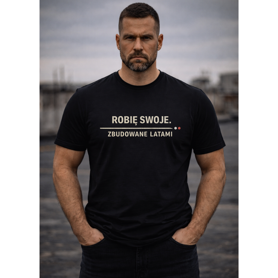 Koszulka męska z nadrukiem ROBIĘ SWOJE– czarna – minimalistyczna – polska marka