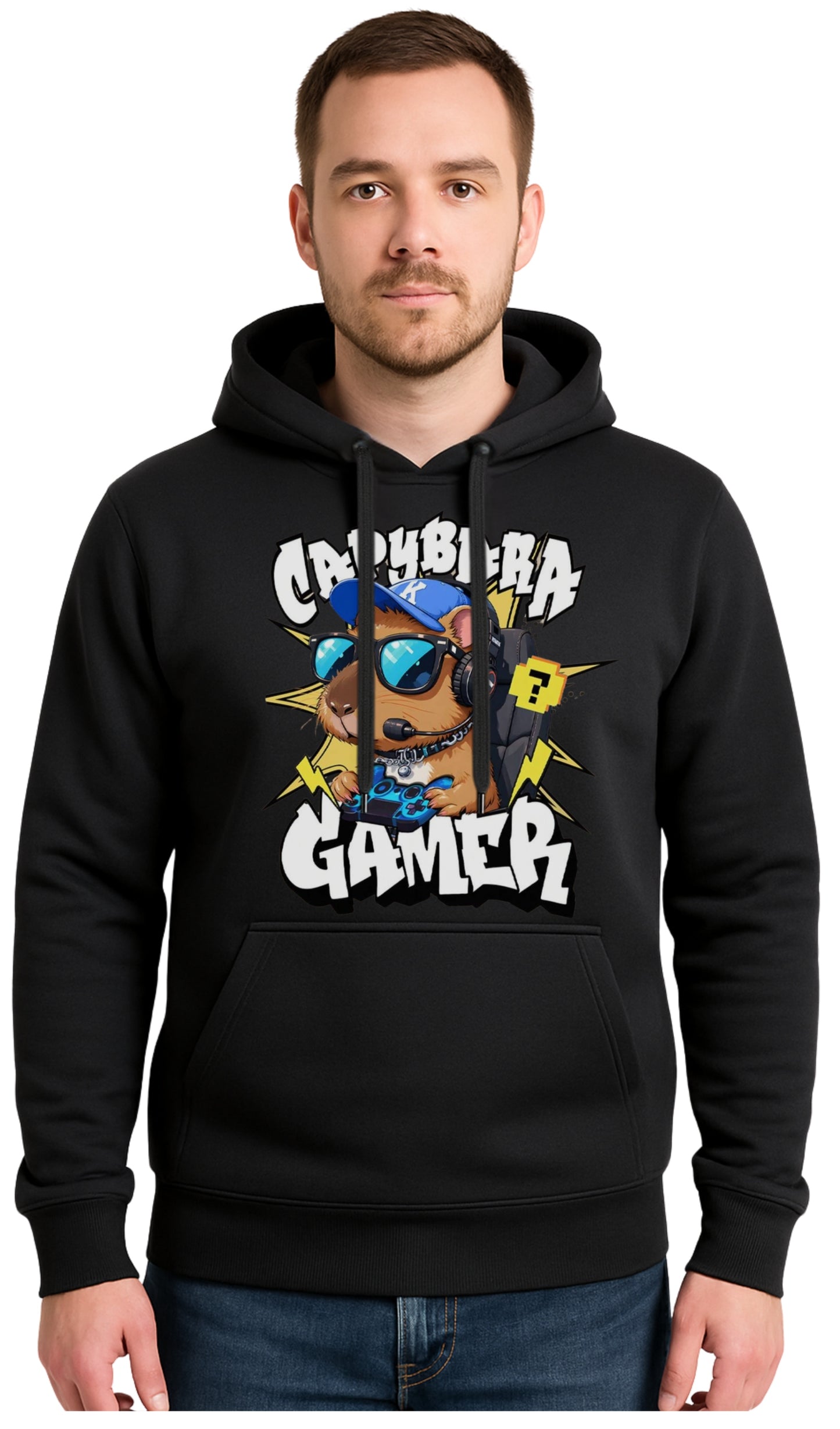 CAPIBARA GAMER Czarna Męska Bluza Dresowa z kapturem z Nadrukiem