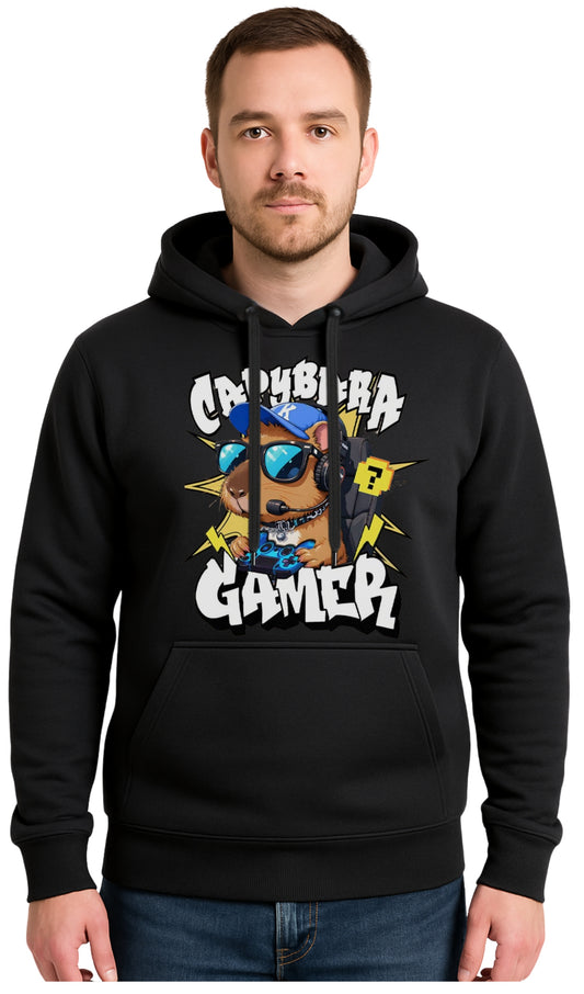 CAPIBARA GAMER Czarna Męska Bluza Dresowa z kapturem z Nadrukiem