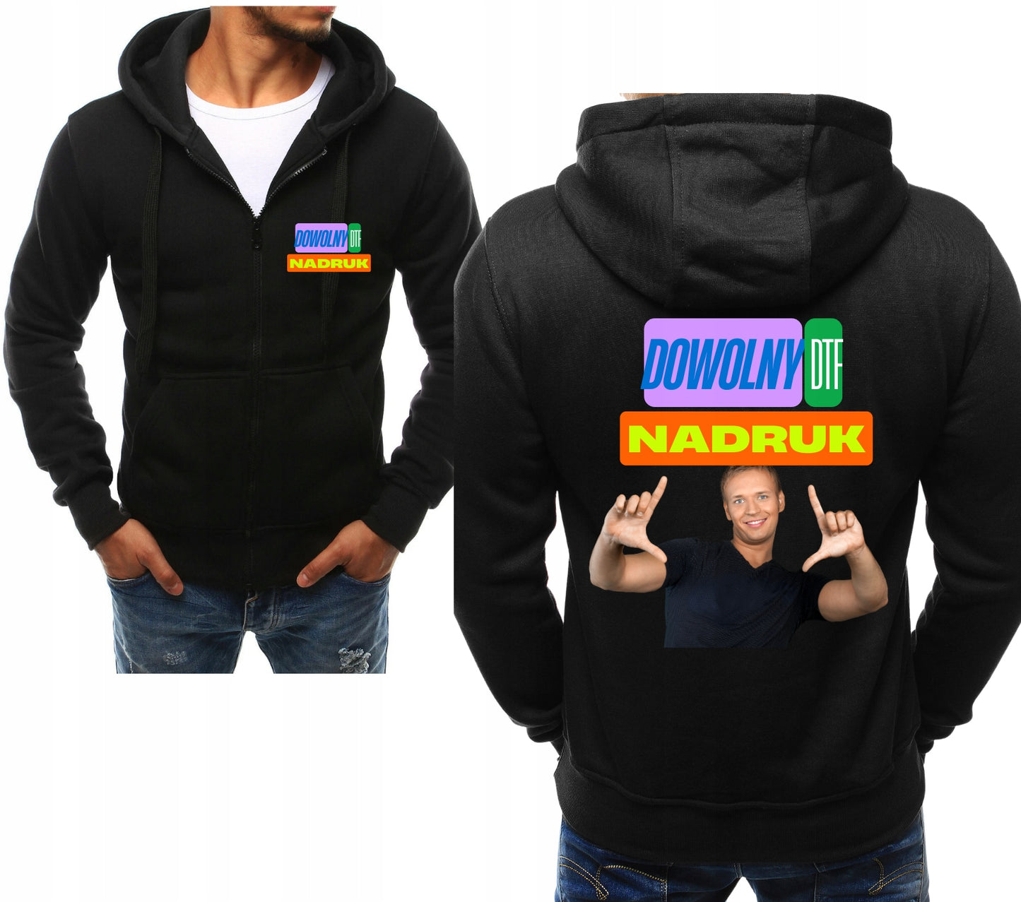 BLUZA Z KAPTUREM ROZPINANA Z WŁASNYM NADRUKIEM LOGO,ZDJECIE,TEKST DTF