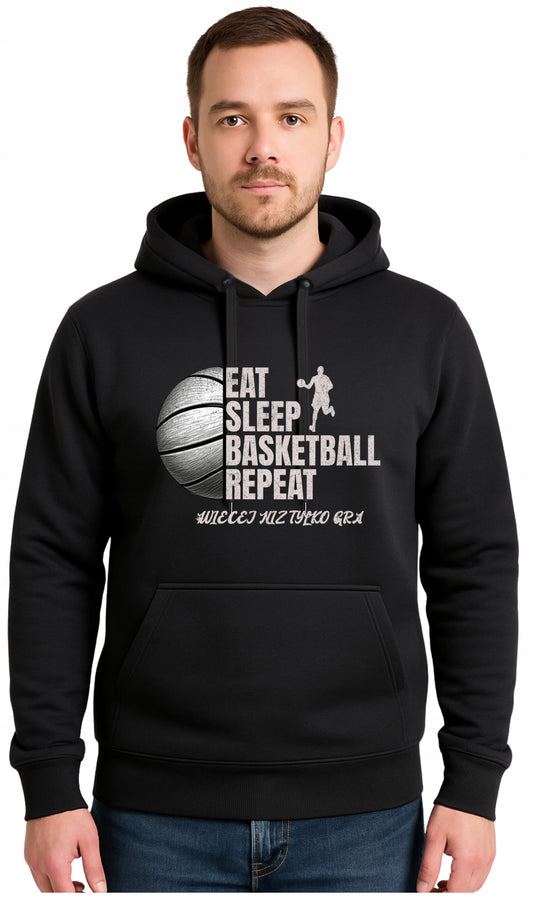 BASKETBALL EAT SLEEP Czarna Męska Bluza Dresowa z kapturem z Nadrukiem