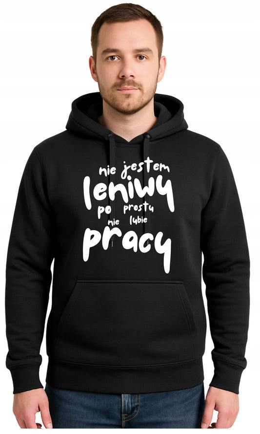 NIE JESTEM LENIWY Czarna Męska Bluza Dresowa z kapturem z Nadrukiem