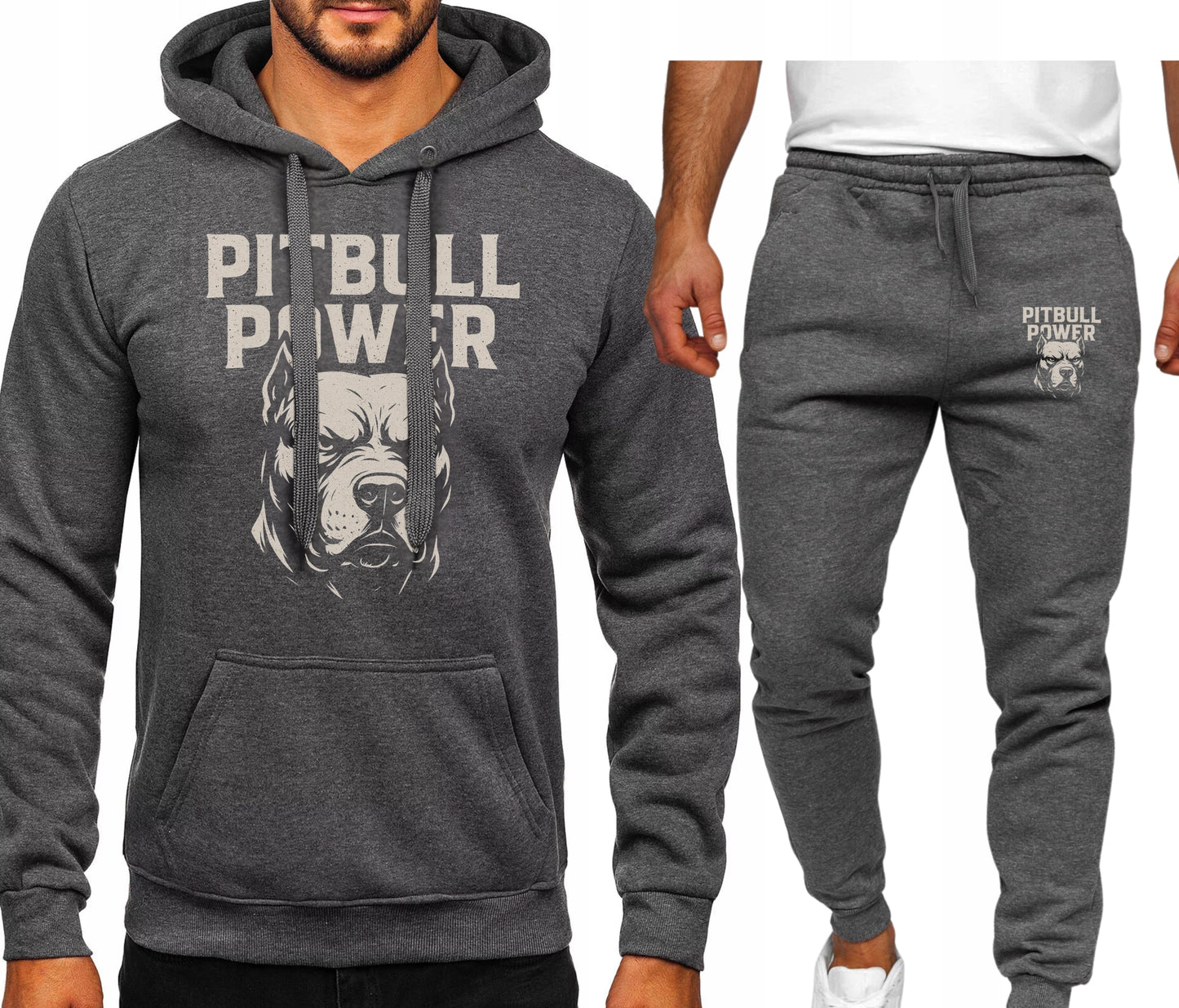 BUZIA PITBULL POWER MESKI KOMPLET DRESOWY BLUZA KAPTUREM+SPODNIE SZARY